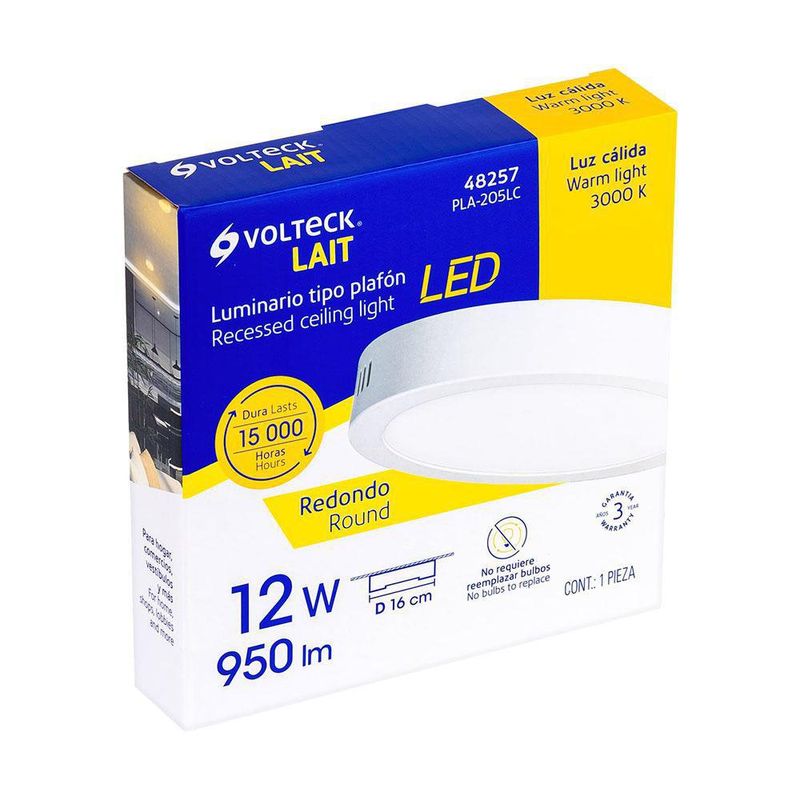Lámpara Tipo Plafón LED Redonda Luz Cálida 12 W - Volteck