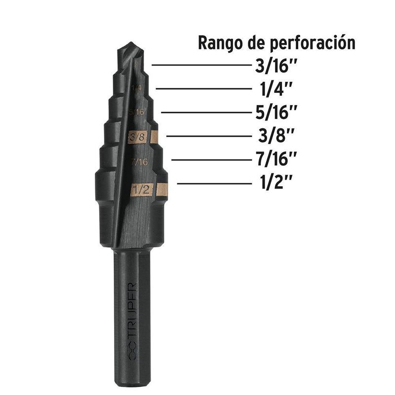 Broca Escalonada con 6 Escalones de 3/16 - 1/2 Plg - Truper