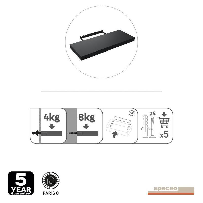 Repisa de Mdf Negra 60X23.5X3.8 Cm - Spaceo