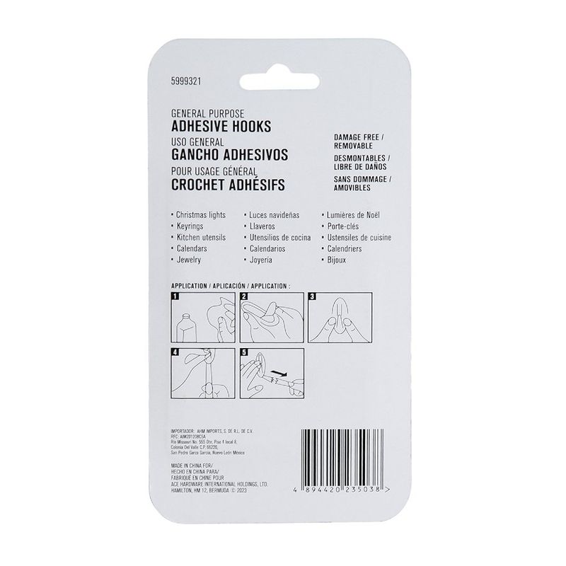 Ganchos Adhesivos 4.4 Lbs Blancos 2 Pzas y 2 Tiras - Ace