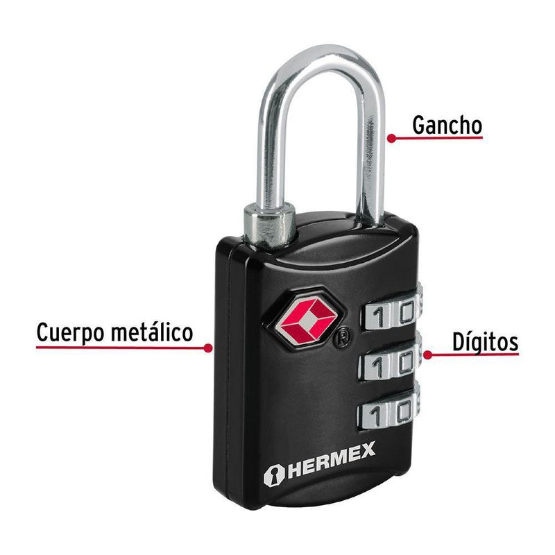 Candado Metal y Acero de Combinación para Viaje Negro 27 Mm - Hermex