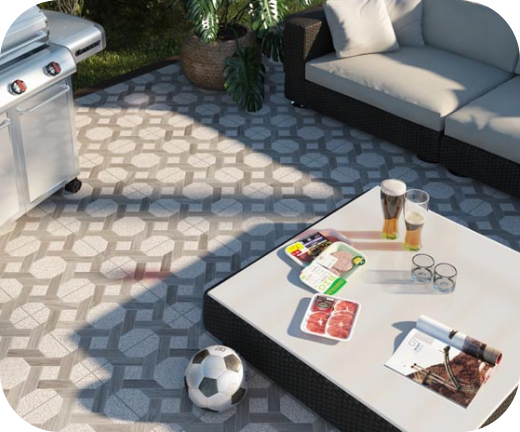 Pisos con diseños geométricos decorativos ideales para interiores y exteriores.