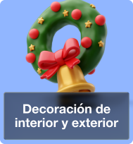 Decoración navideña para interiores y exteriores con coronas, adornos y accesorios festivos.