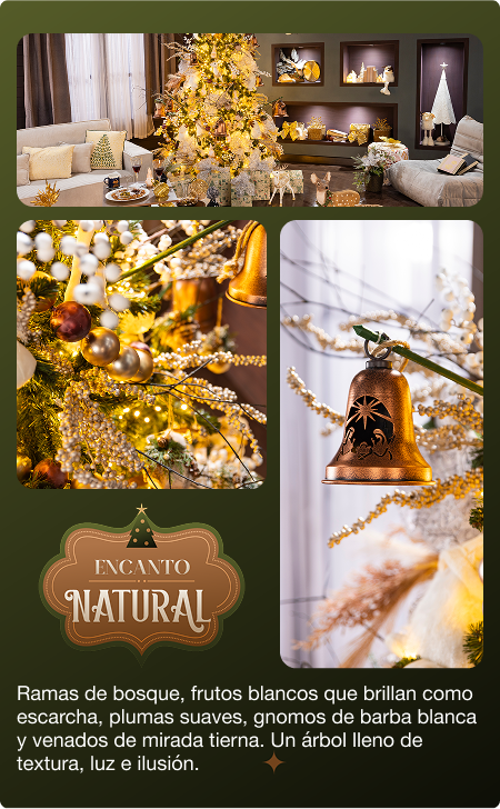Encanto Natural con decoración navideña inspirada en naturaleza, tonos dorados y elementos de bosque.