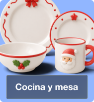 Cocina y mesa navideña con vajillas, platos y accesorios para servir y decorar en Navidad.