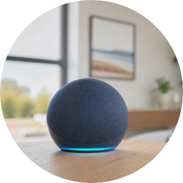 Altavoz inteligente para automatización del hogar y reproducción de música por voz.