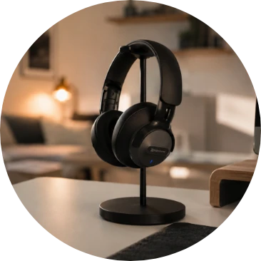 Audífonos inalámbricos sobre base para escuchar música o trabajar con mayor comodidad.