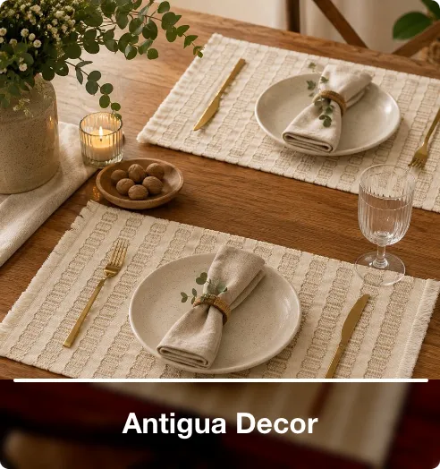 Antigua Decor: Textiles Antigua Decor con manteles y accesorios artesanales para decorar la mesa y el hogar.