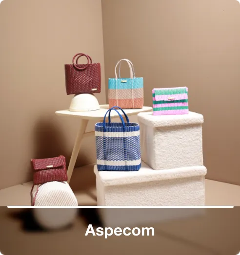 Canastas y artículos tejidos Aspecom con diseños artesanales para organizar y decorar el hogar.