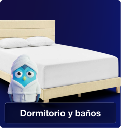 Dormitorio y baños con camas, colchones, almohadas y accesorios para el descanso y comodidad.
