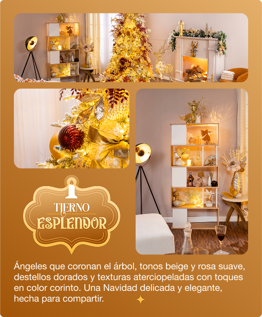 Tierno Esplendor con decoración navideña en tonos dorados, beige y rosa para ambientes elegantes.