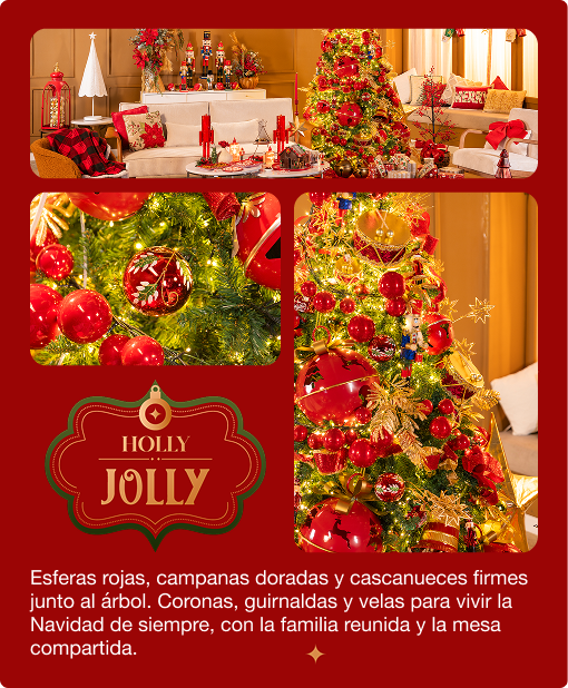 Holly Jolly con decoración navideña roja, esferas, coronas y árboles para celebrar en familia.