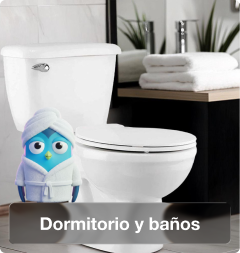 Dormitorio y baños con muebles, accesorios y productos para comodidad y organización.